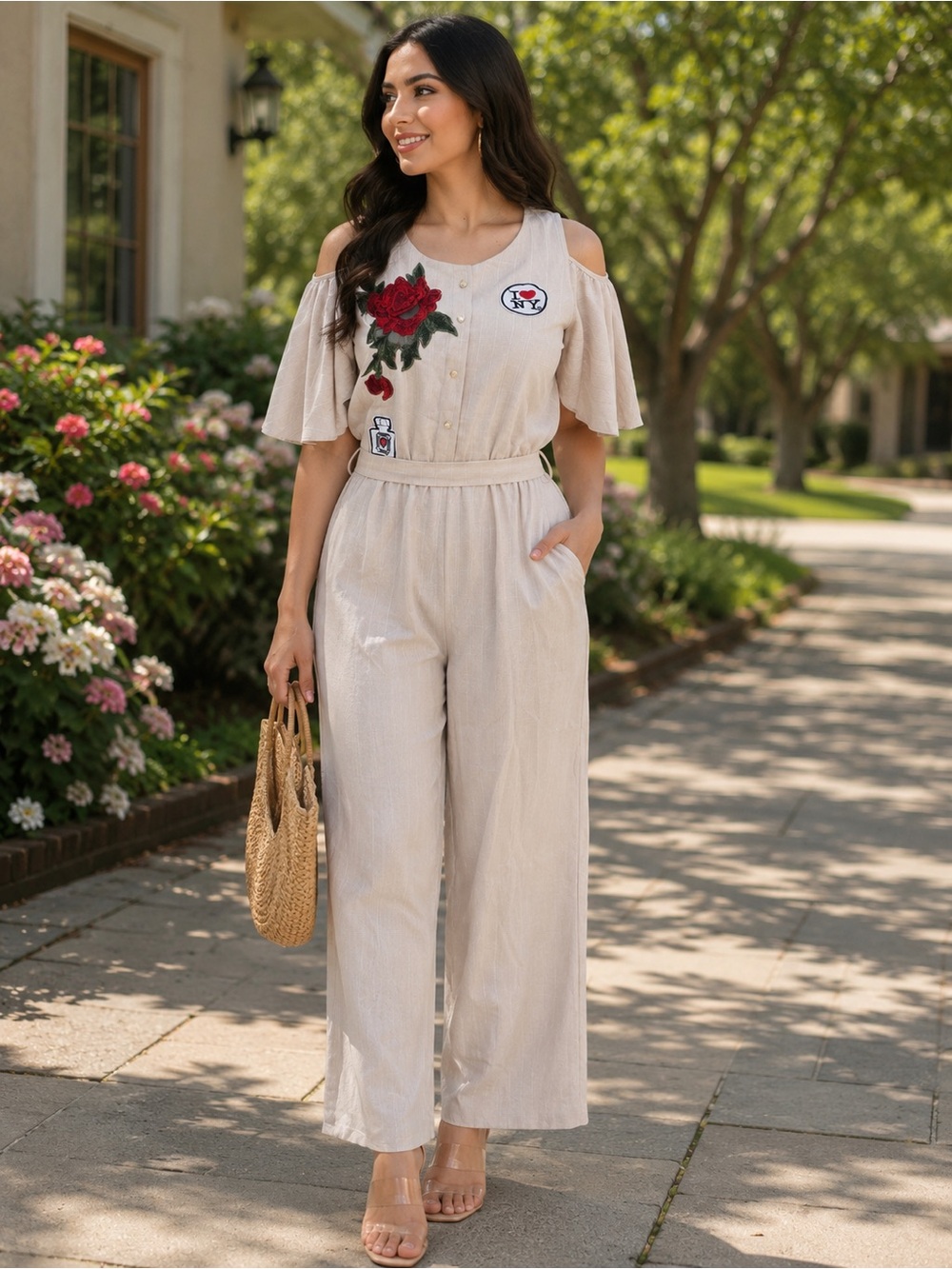 Beige Cold-Shoulder Embroidered Jumpsuit